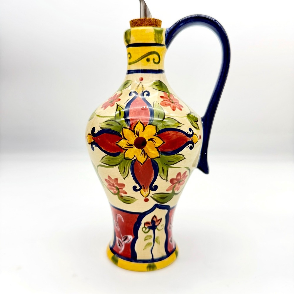 Pier 1 Imports Vallarta Handpainted Floral Ceramic Oil Vinegar Cruet Dispenser
